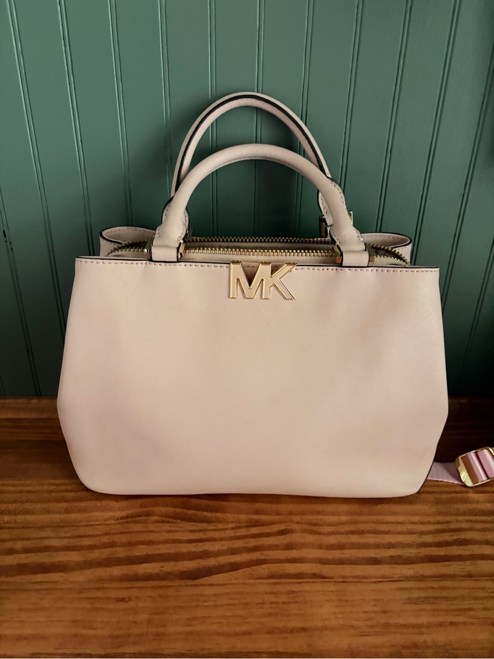 MICHAEL Michael Kors Light Pink Saffiano Leather Satchel with Gold MK Logo